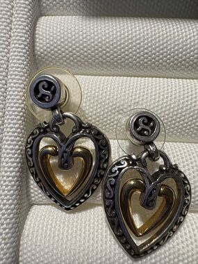 Brighton VINTAGE Two-Tone Heart Dangle Earrings - RETIRED